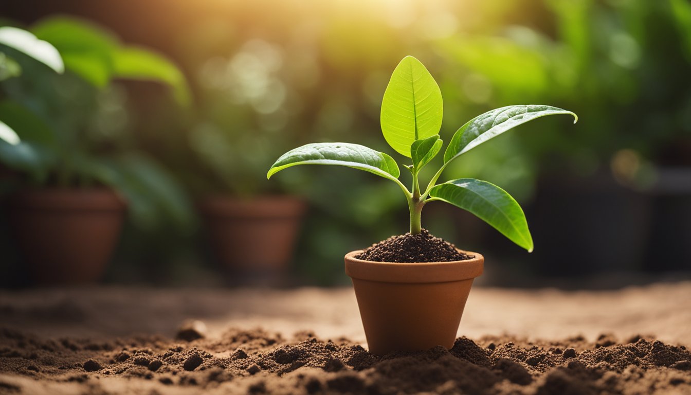 A tiny mango seedling emerges from a terracotta pot, with two green leaves unfurling toward the sunlight. Water droplets glisten on the leaves, and gardening tools and extra soil are visible in the background