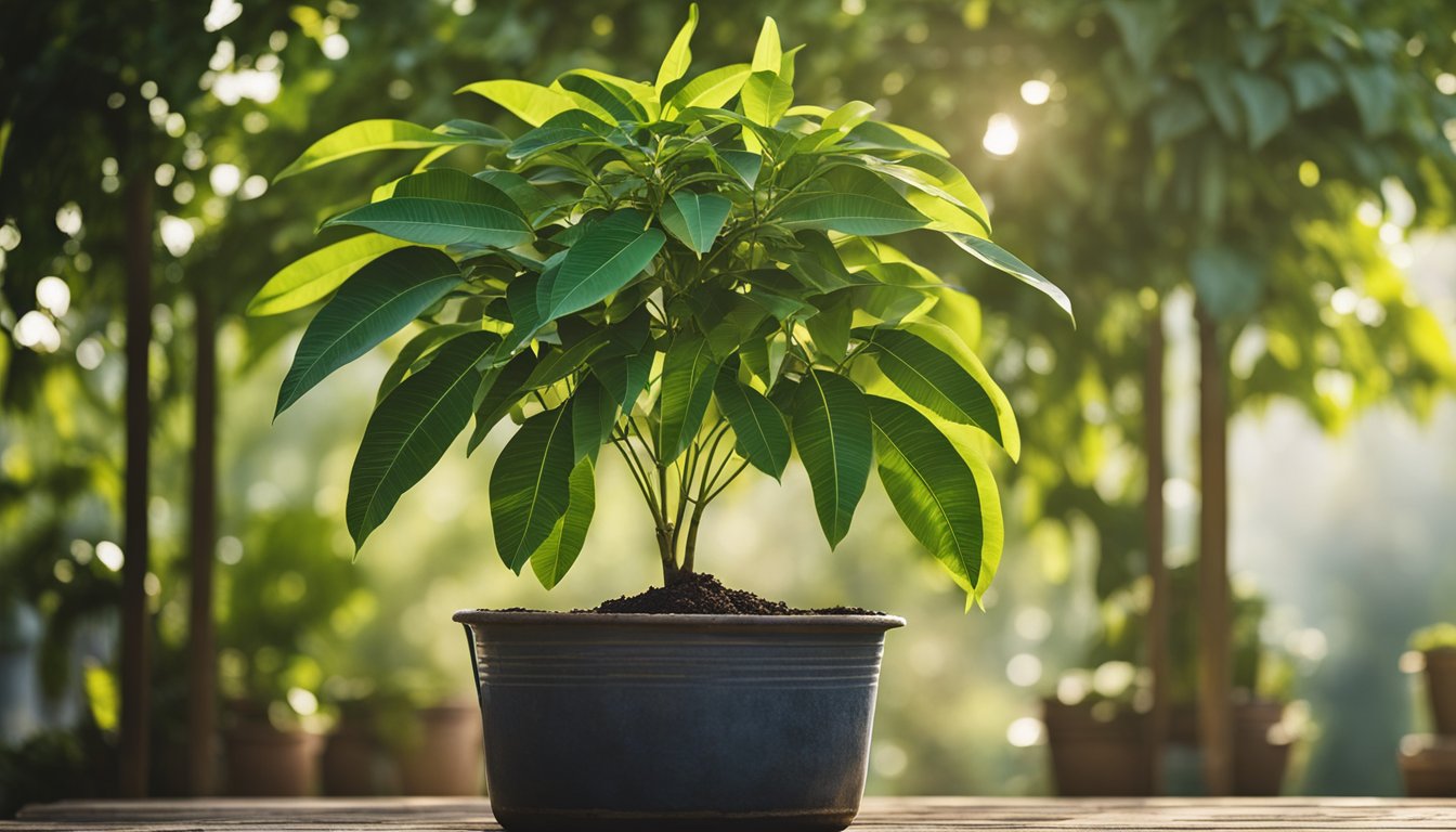 A 2-foot tall mango sapling thrives in a large pot, with vibrant green leaves and a trellis for support. The lush garden setting is bathed in dappled sunlight, with a watering can and fertilizer bag nearby