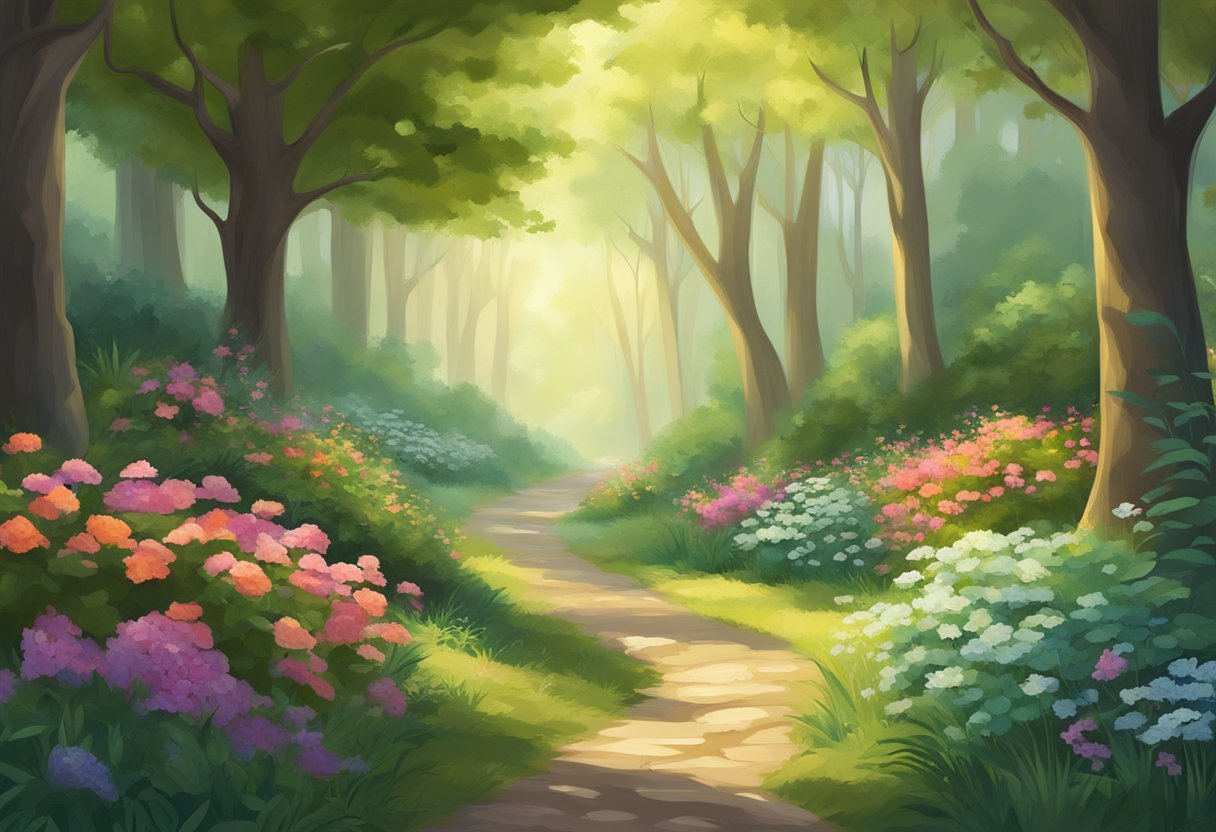 A serene, sunlit forest with a winding path leading to a tranquil clearing, surrounded by lush greenery and vibrant flowers in full bloom