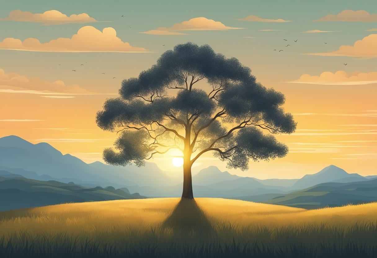 A serene and peaceful landscape with a lone tree standing against a backdrop of a setting sun, symbolizing the concept of longevity and intermittent fasting