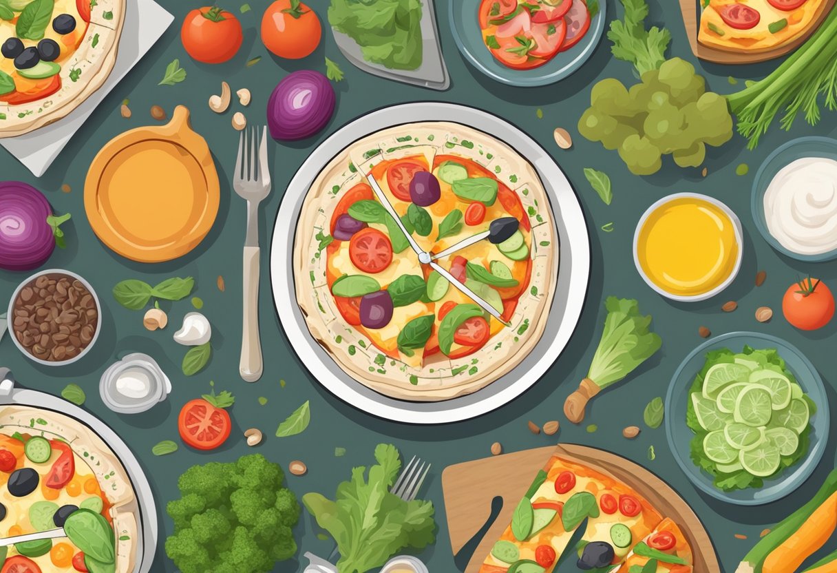 A colorful table setting with a variety of healthy pizza toppings, fresh vegetables, and a timer indicating the intermittent fasting schedule