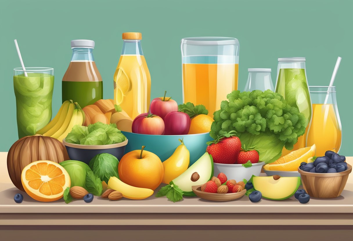 A table with a variety of healthy foods and drinks, including fruits, vegetables, nuts, and water, arranged in an organized and appealing manner