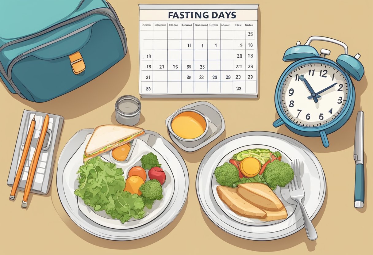 A clock showing a busy schedule, a packed lunchbox, and an empty plate at a set time, with a calendar marking fasting days