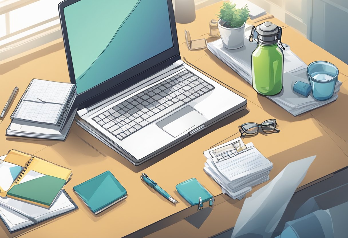 A busy office desk with a clock showing lunchtime, a water bottle, and an empty plate next to a laptop and a notebook with a schedule