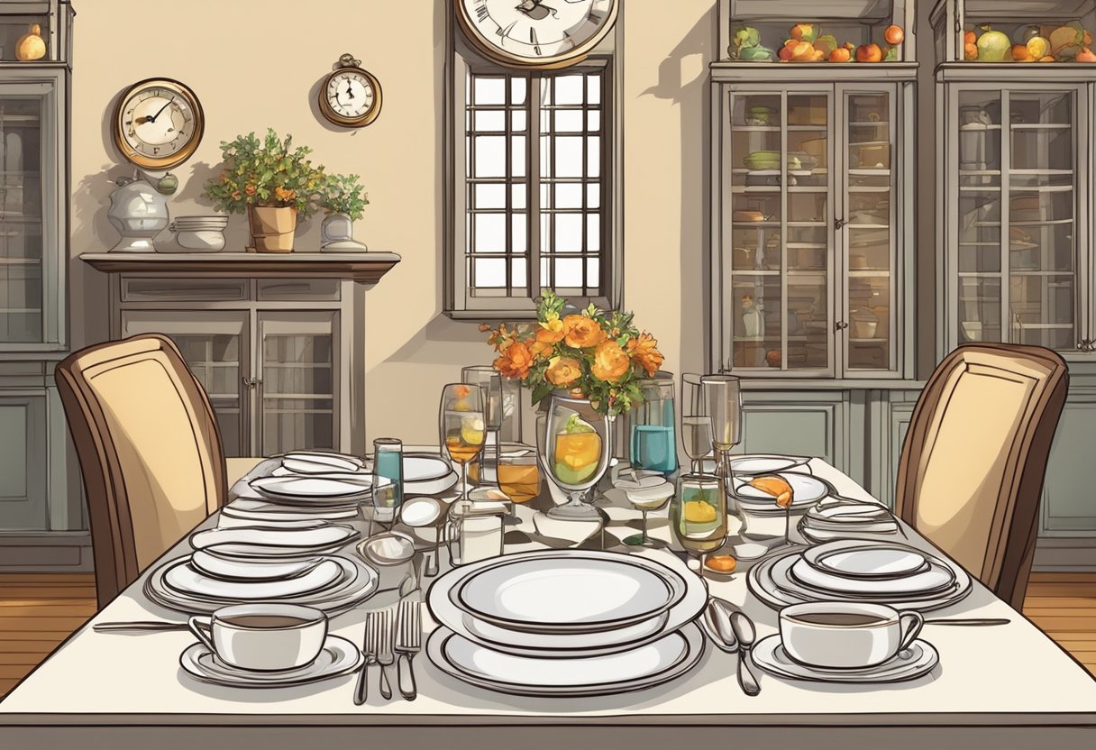 A dining table with empty plates and utensils, surrounded by festive decorations. A clock on the wall shows the time for the fasting window