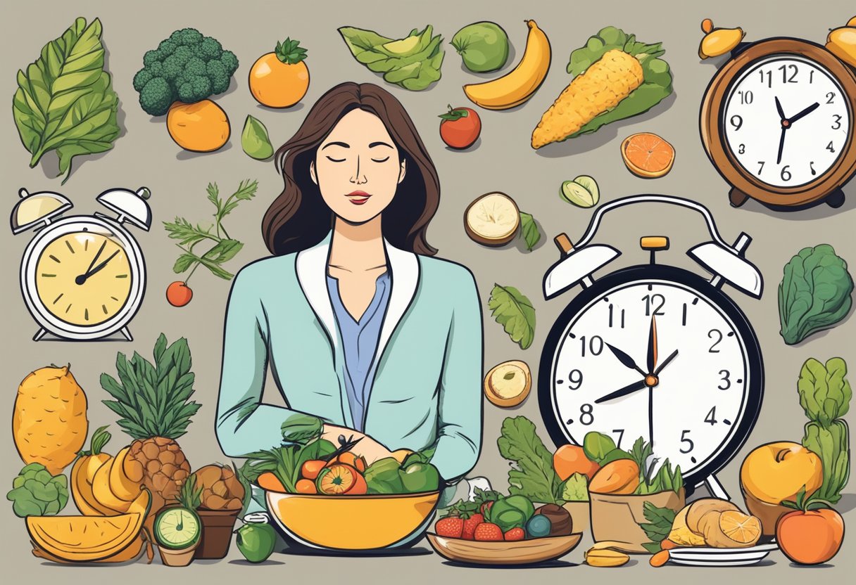 A woman surrounded by various healthy food options and a clock showing different times, symbolizing the concept of intermittent fasting for women