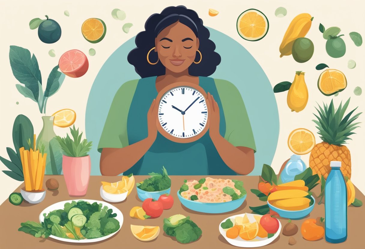 A woman sitting at a table with a clock showing different times, surrounded by healthy food and a water bottle