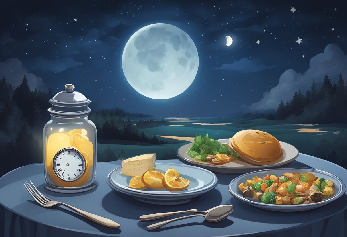 A moonlit night sky over a serene landscape, with a clock showing midnight and a plate of untouched food nearby