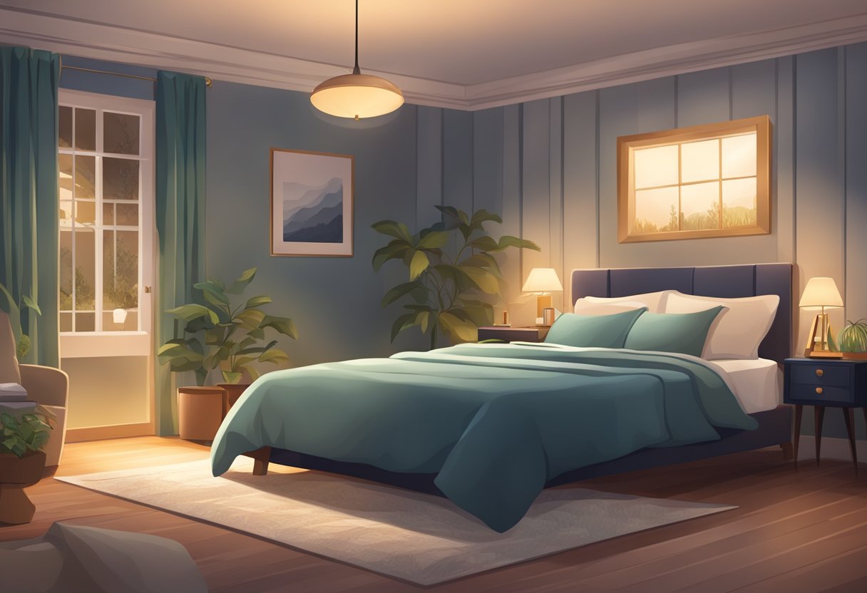 A serene bedroom with a clock showing a late evening time, a dimly lit bedside lamp, and a cozy bed with a peaceful atmosphere