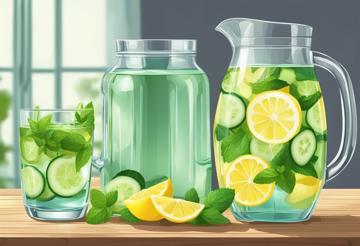 A glass of water with slices of lemon and cucumber, a bottle of green tea, and a pitcher of infused water with berries and mint sit on a wooden table