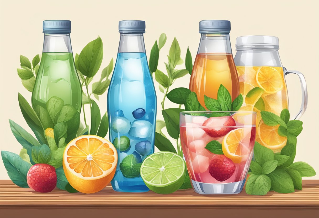 A variety of hydrating drinks arranged on a table, including water, herbal teas, and electrolyte-infused beverages, with fresh fruits and herbs as garnish