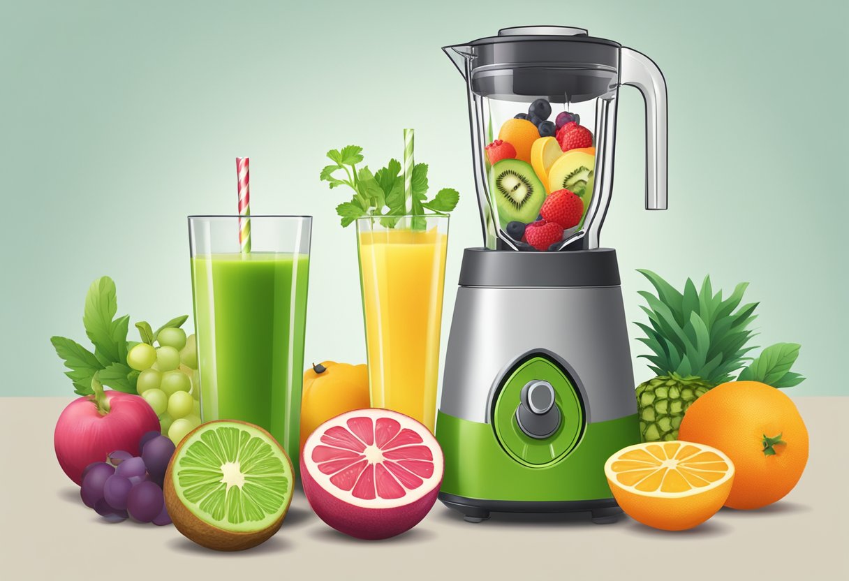 A table with various colorful fruit and vegetable ingredients, a blender, and a glass filled with a refreshing, hydrating drink