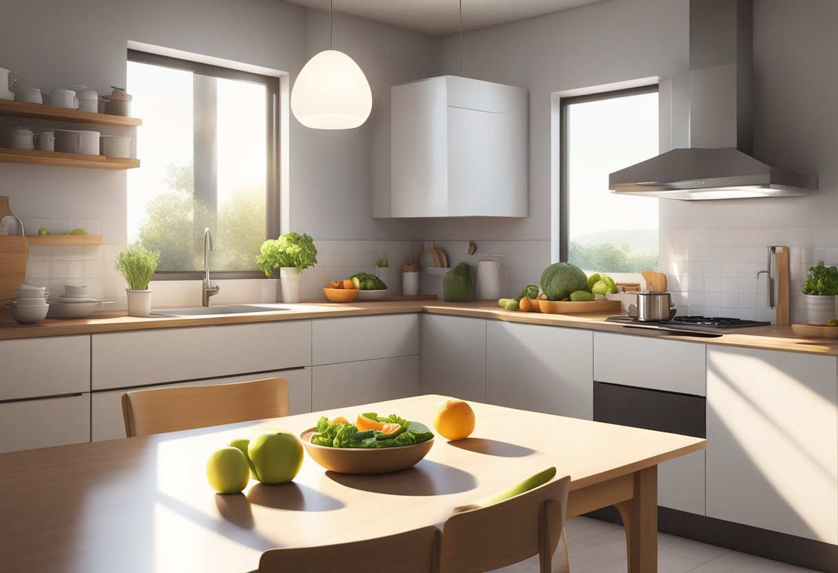 A serene, modern kitchen with a sleek, minimalist design. A table is set with fresh fruits, vegetables, and a pitcher of water. Sunlight streams through the window, creating a peaceful atmosphere