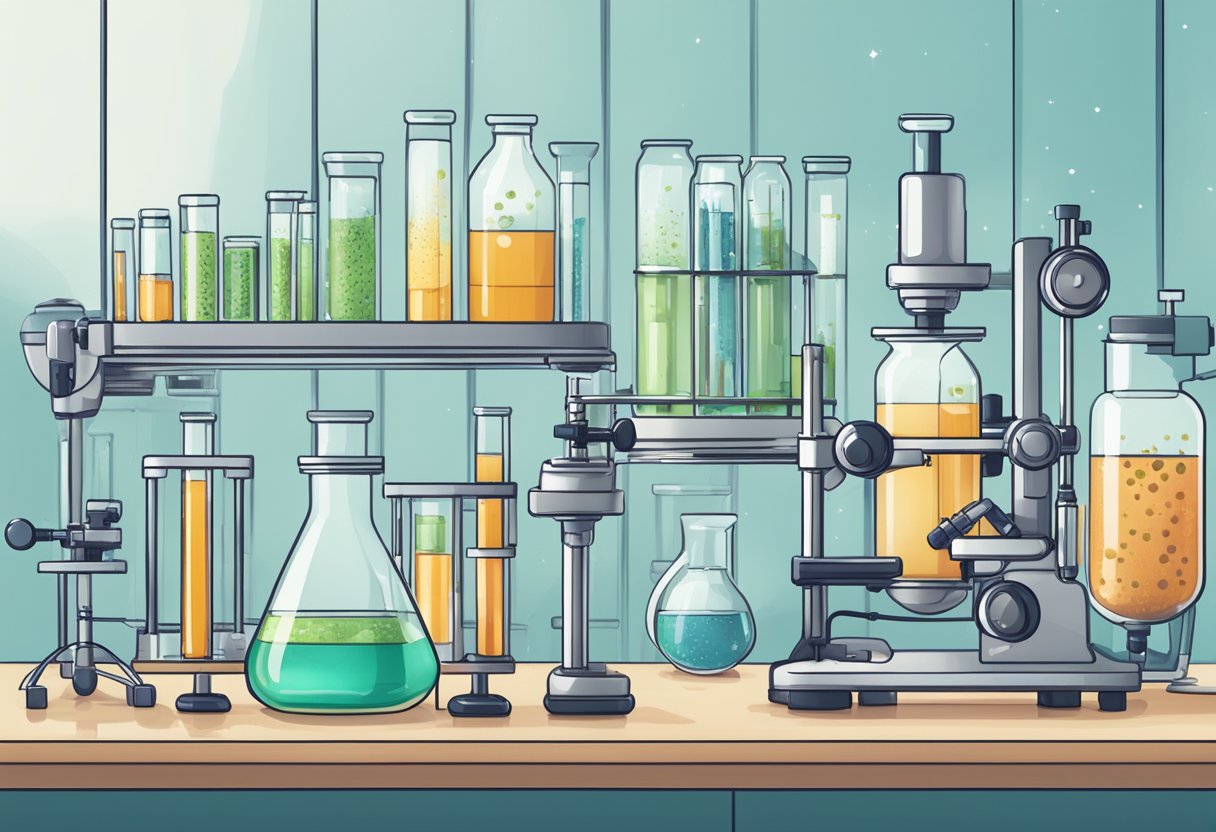 A laboratory setting with test tubes and microscopes, showcasing the process of intermittent fasting and its impact on skin health