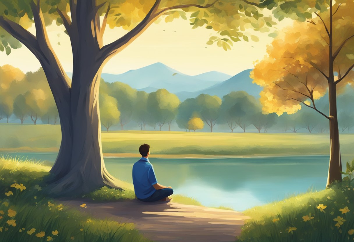 A serene landscape with a person sitting under a tree, surrounded by nature, with a sense of tranquility and inner peace