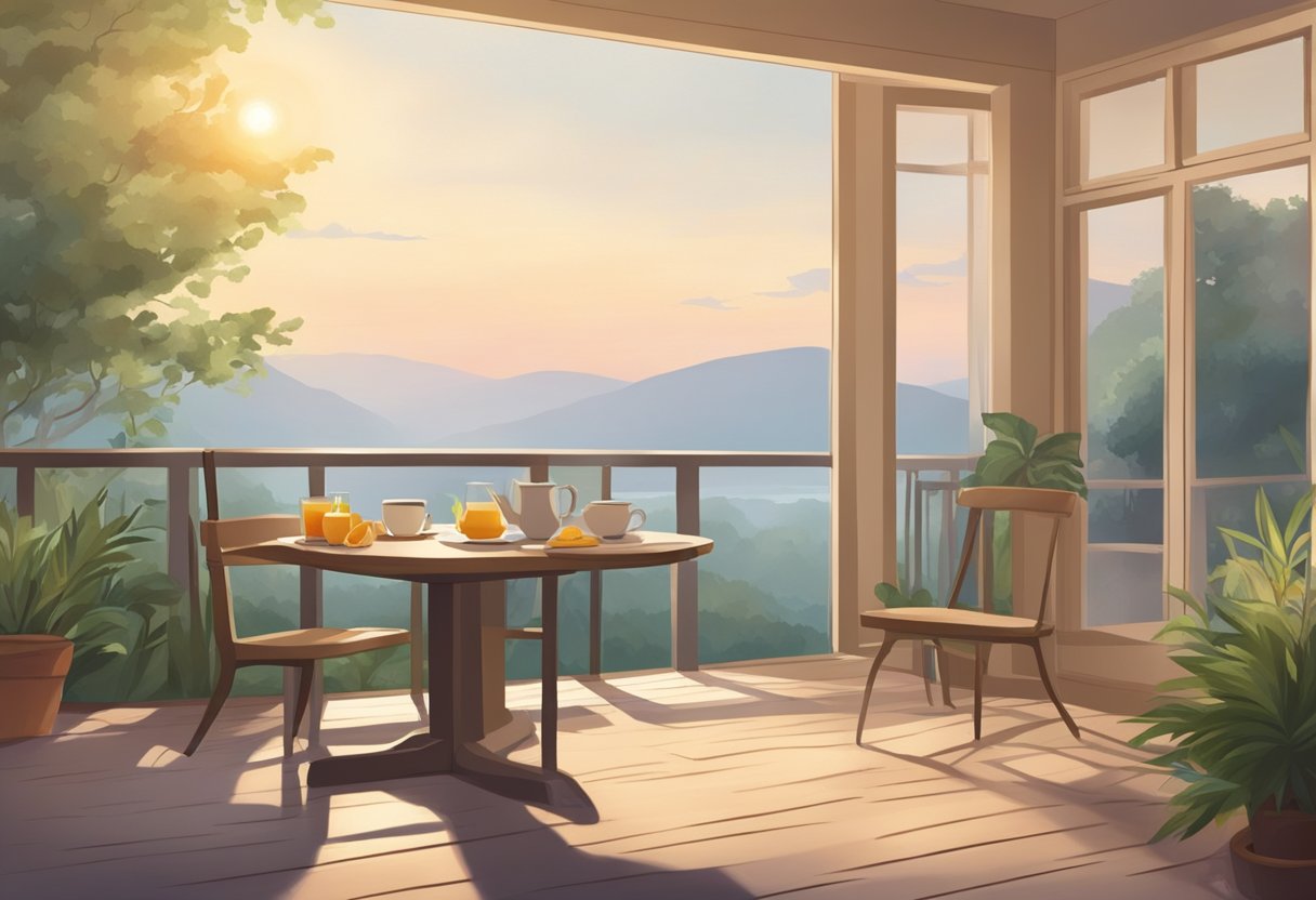 A serene morning scene with a set breakfast table left untouched, while a person engages in morning exercise or meditation