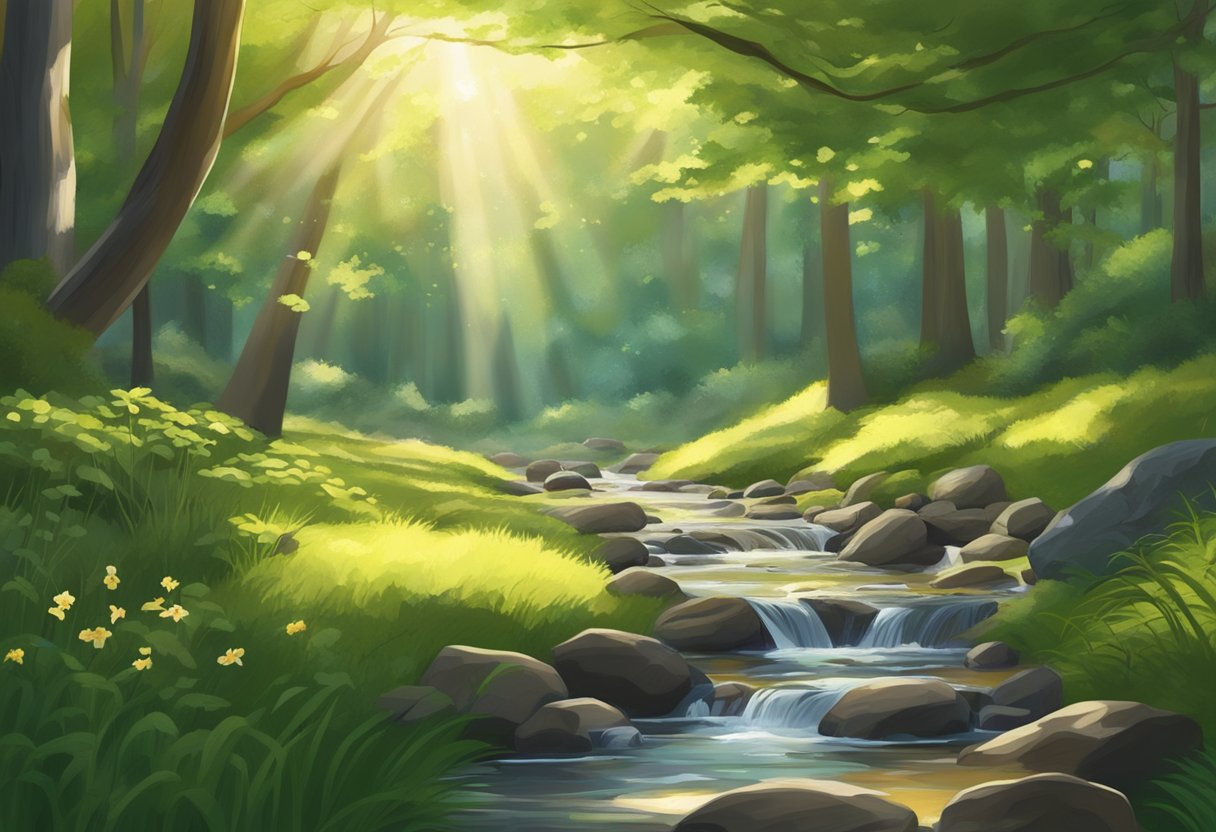 A serene forest clearing with dappled sunlight, a small stream, and a peaceful atmosphere