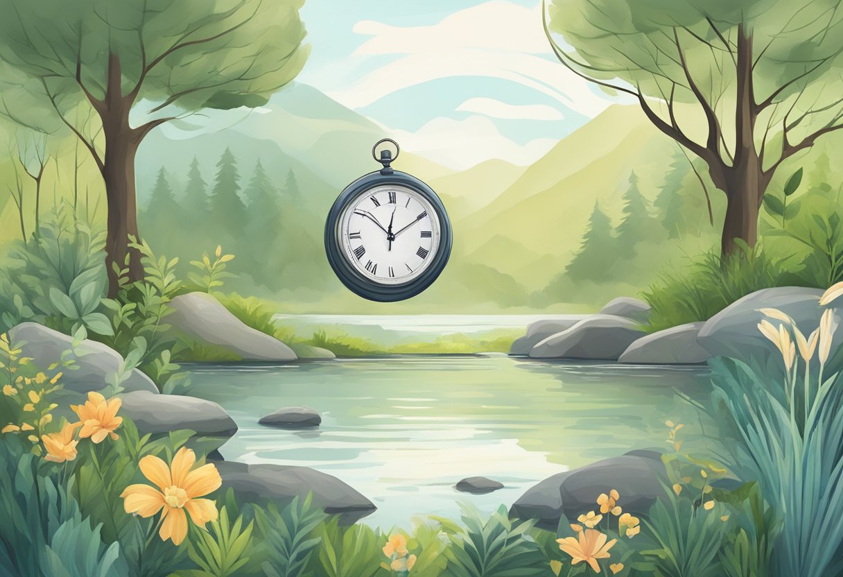 A serene setting with a clock showing intermittent fasting hours, surrounded by calming elements like nature, meditation, and relaxation