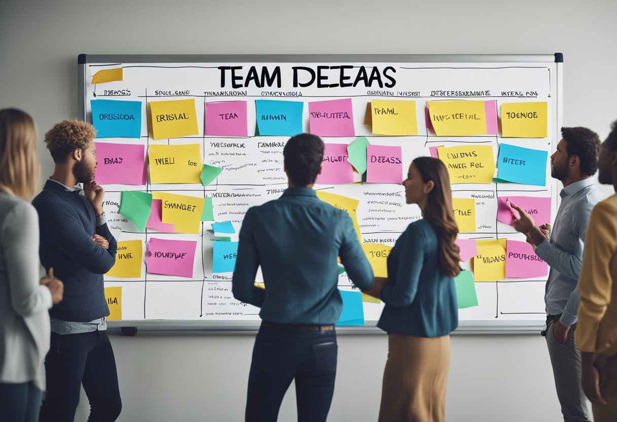 561+ Marketing Team Names: Creative Ideas to Inspire Your Branding Strategy 2 A group of people brainstorming with a whiteboard covered in colorful team name ideas