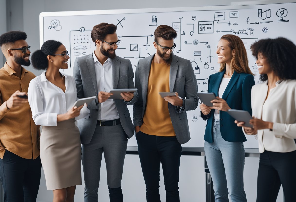 561+ Marketing Team Names: Creative Ideas to Inspire Your Branding Strategy 3 A group of diverse people brainstorming and writing on a whiteboard with marketing-related images and symbols around them