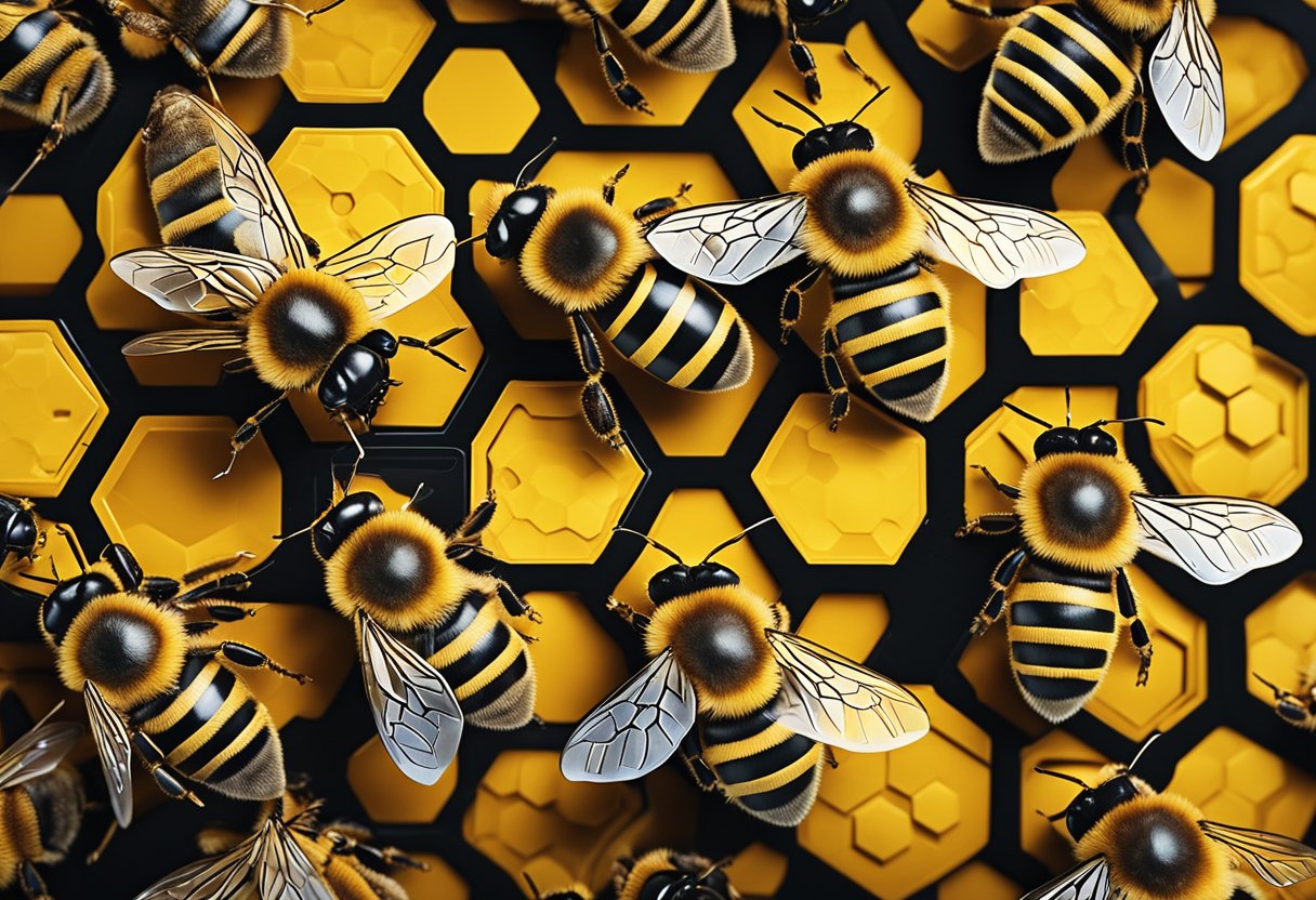 561+ Marketing Team Names: Creative Ideas to Inspire Your Branding Strategy 5 A group of buzzing bees swarming around a hive adorned with colorful team logos