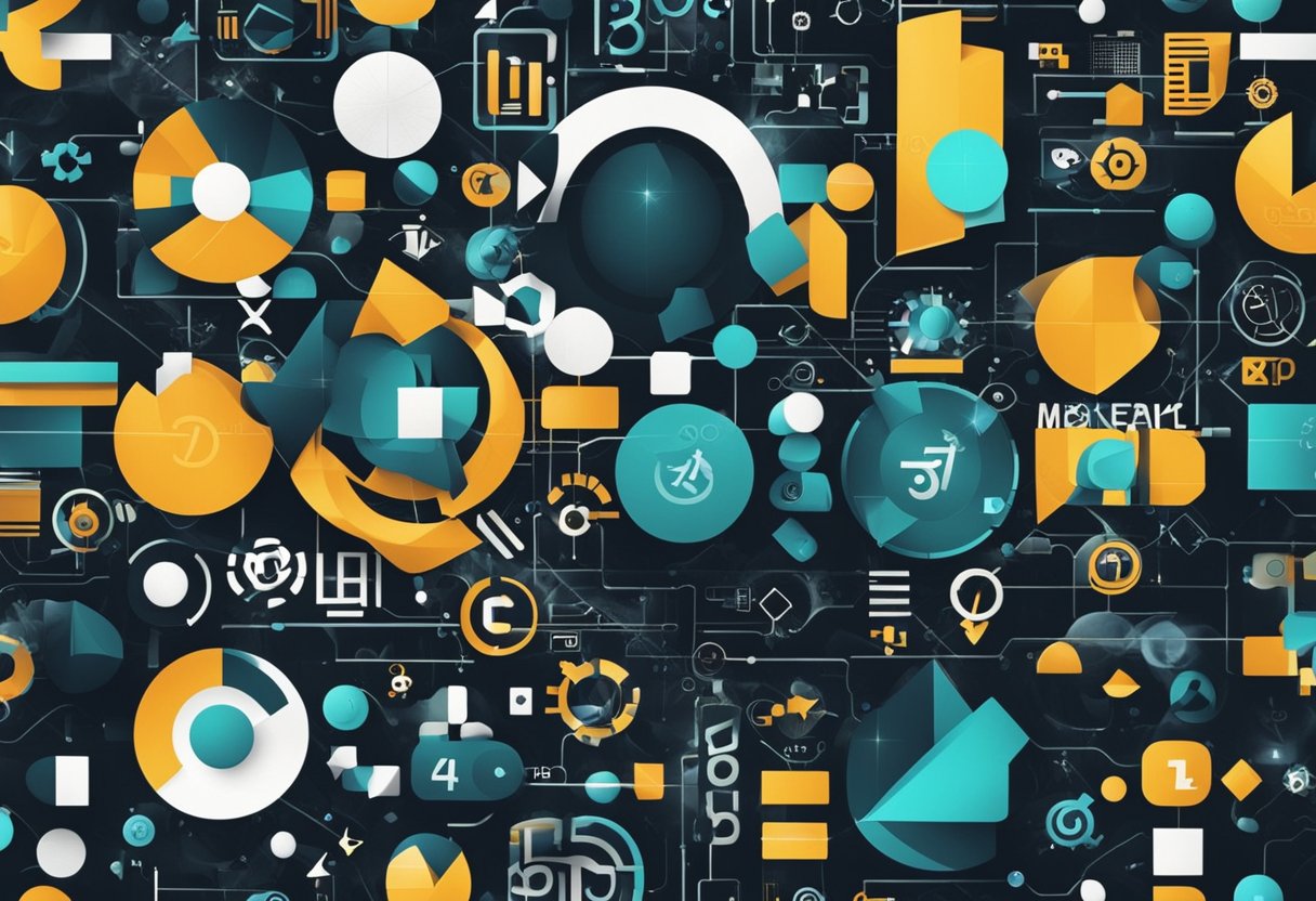 561+ Marketing Team Names: Creative Ideas to Inspire Your Branding Strategy 6 A group of abstract digital shapes and symbols arranged in a dynamic composition, representing the Digital Dominance marketing team names