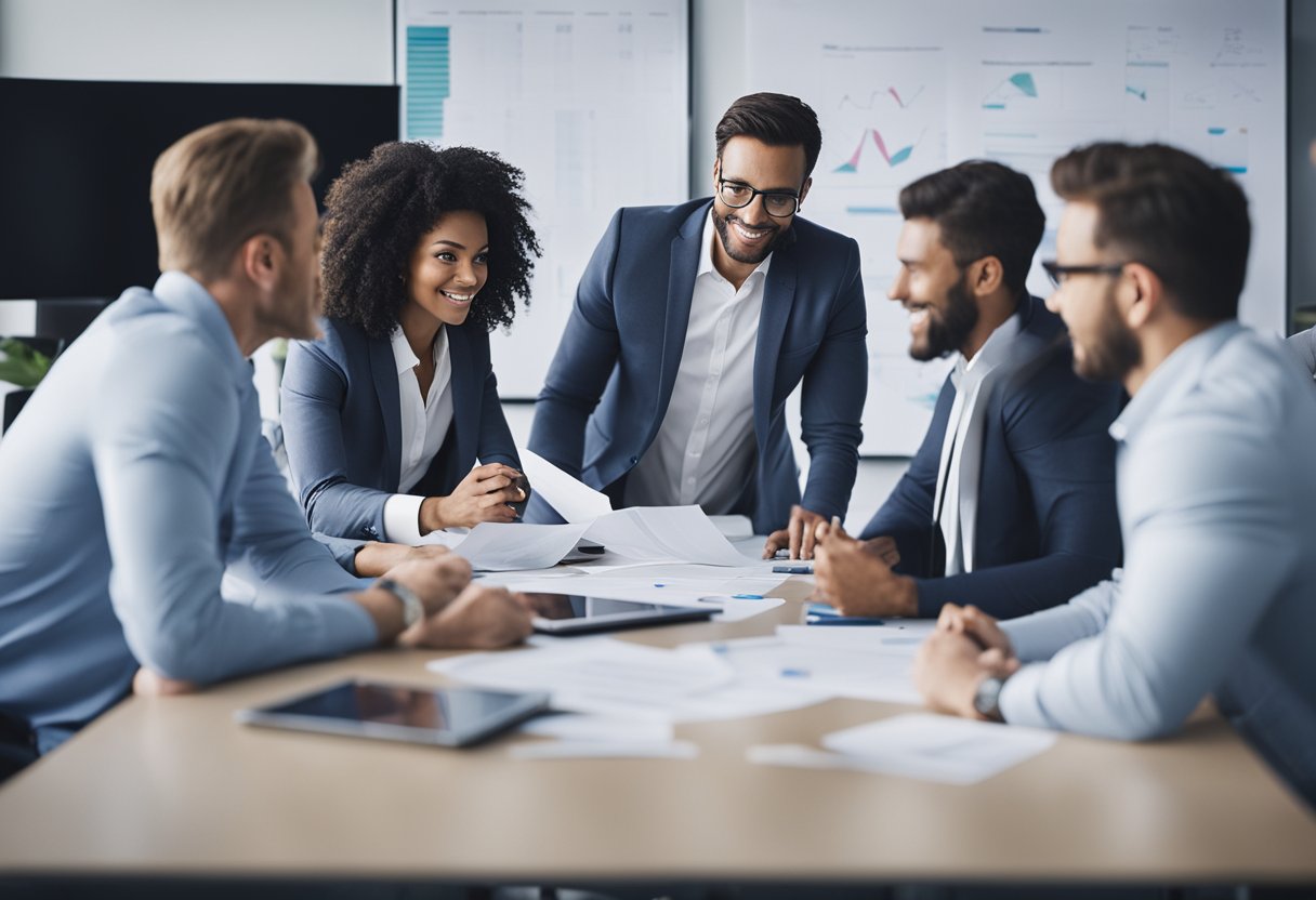 561+ Marketing Team Names: Creative Ideas to Inspire Your Branding Strategy 9 A group of marketing professionals brainstorming in a conference room, surrounded by whiteboards covered in ideas and charts