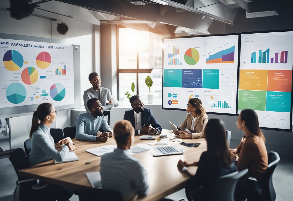 561+ Marketing Team Names: Creative Ideas to Inspire Your Branding Strategy 10 A group of diverse individuals brainstorming around a table, surrounded by colorful charts and graphics, with a whiteboard filled with different marketing team names