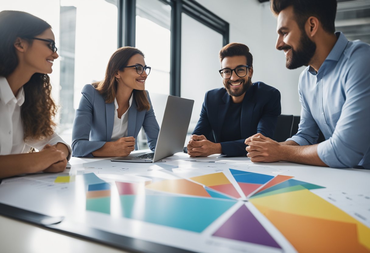 561+ Marketing Team Names: Creative Ideas to Inspire Your Branding Strategy 11 A group of people brainstorming around a table, surrounded by whiteboards covered in colorful charts and graphs