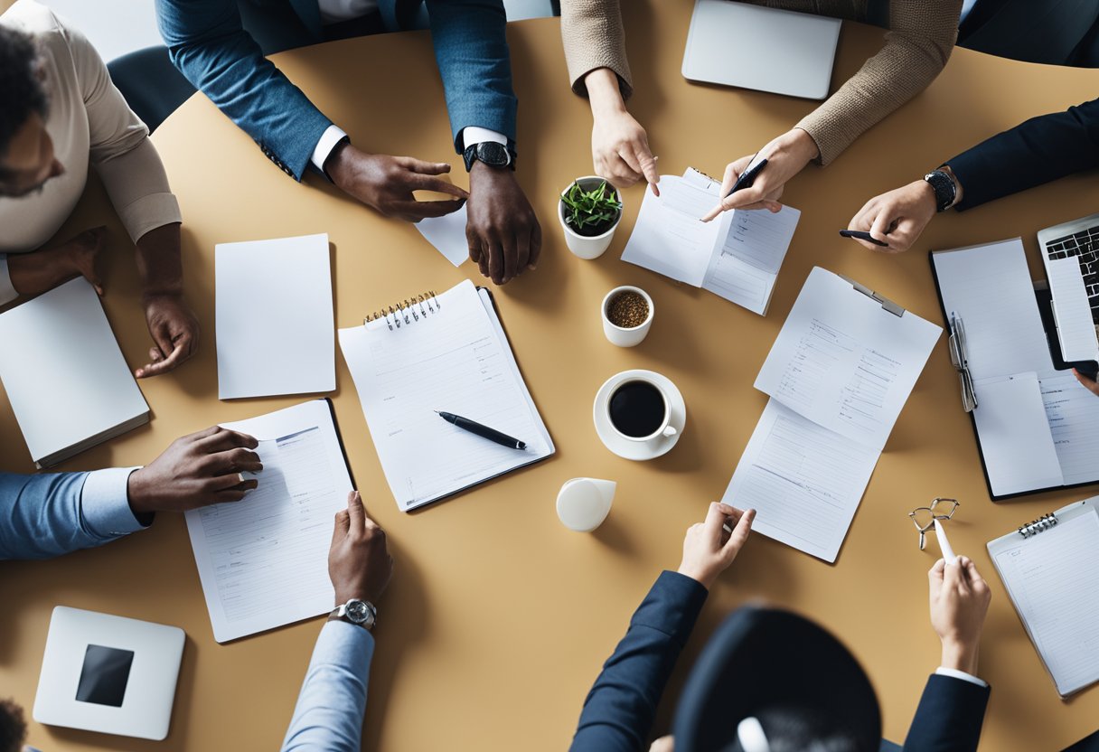 561+ Marketing Team Names: Creative Ideas to Inspire Your Branding Strategy 12 A group of diverse individuals brainstorming around a table, each contributing ideas and writing down potential names for the Collaborative Dynamics marketing team