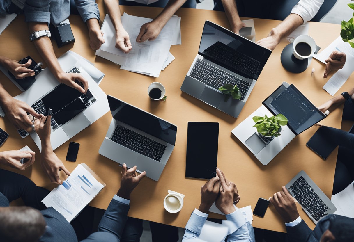 561+ Marketing Team Names: Creative Ideas to Inspire Your Branding Strategy 13 A group of people gathered around a table, brainstorming and discussing ideas while surrounded by marketing materials and computer screens