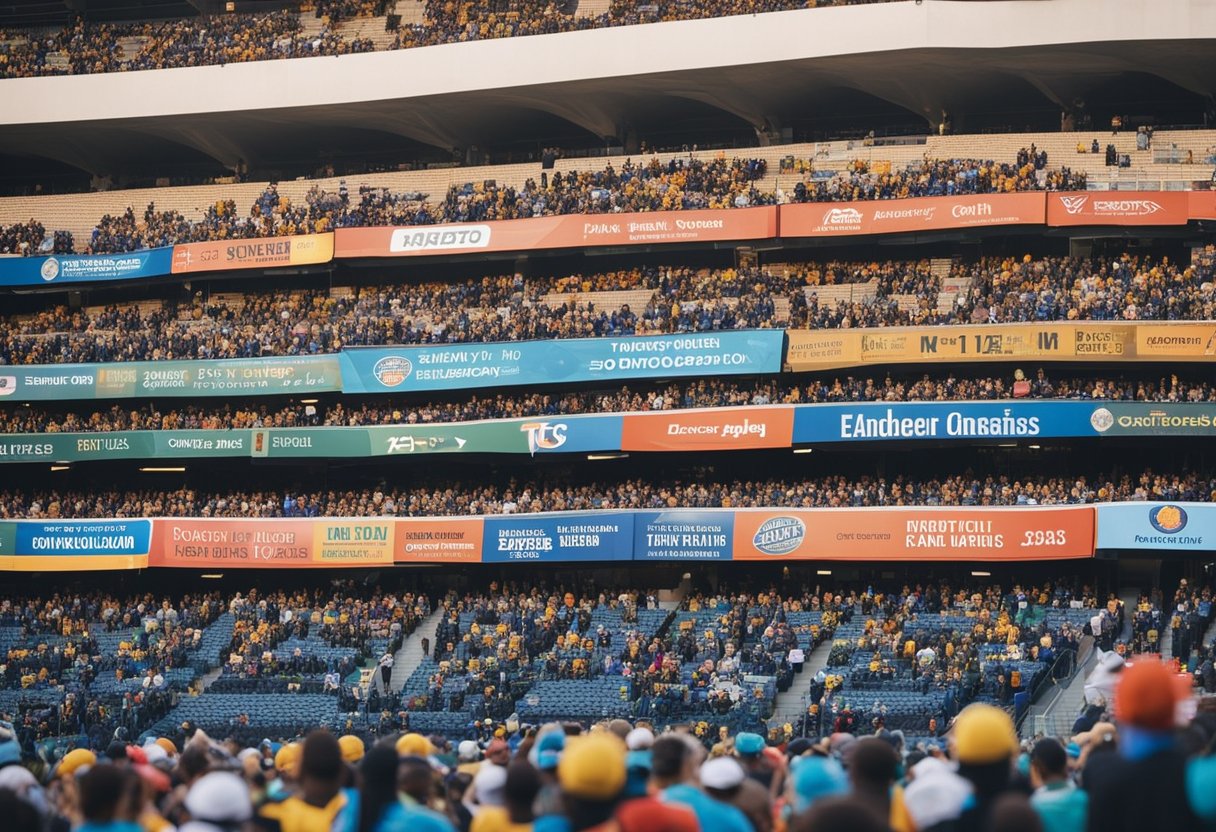 A group of colorful banners with various fundraising team names displayed in a crowded stadium
