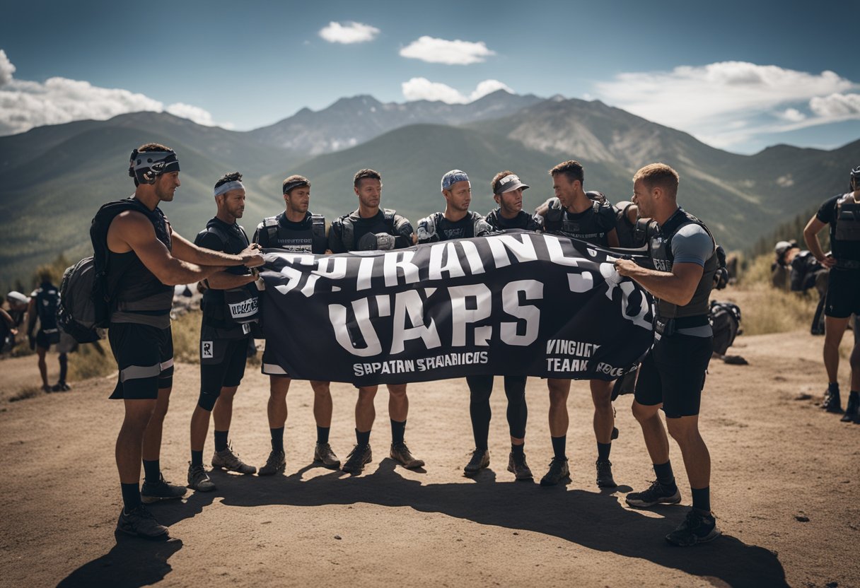 A group of athletes in Spartan race gear gather around a banner, brainstorming team names amidst a backdrop of rugged terrain and obstacles