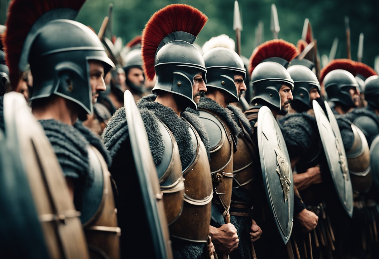 A group of Spartan warriors standing in formation, holding shields and spears, with a fierce and determined look on their faces