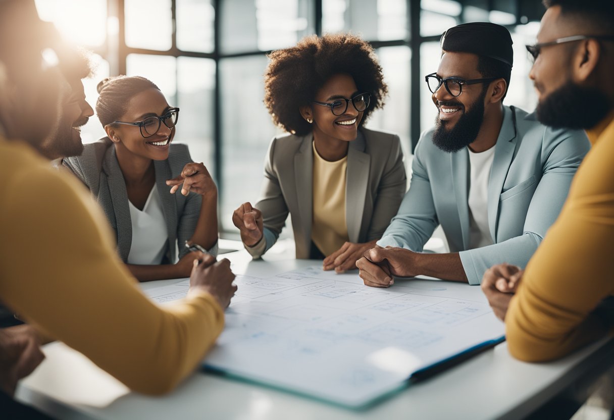 A group of diverse individuals huddled together, brainstorming ideas on a whiteboard with colorful markers. A sense of collaboration and enthusiasm fills the room