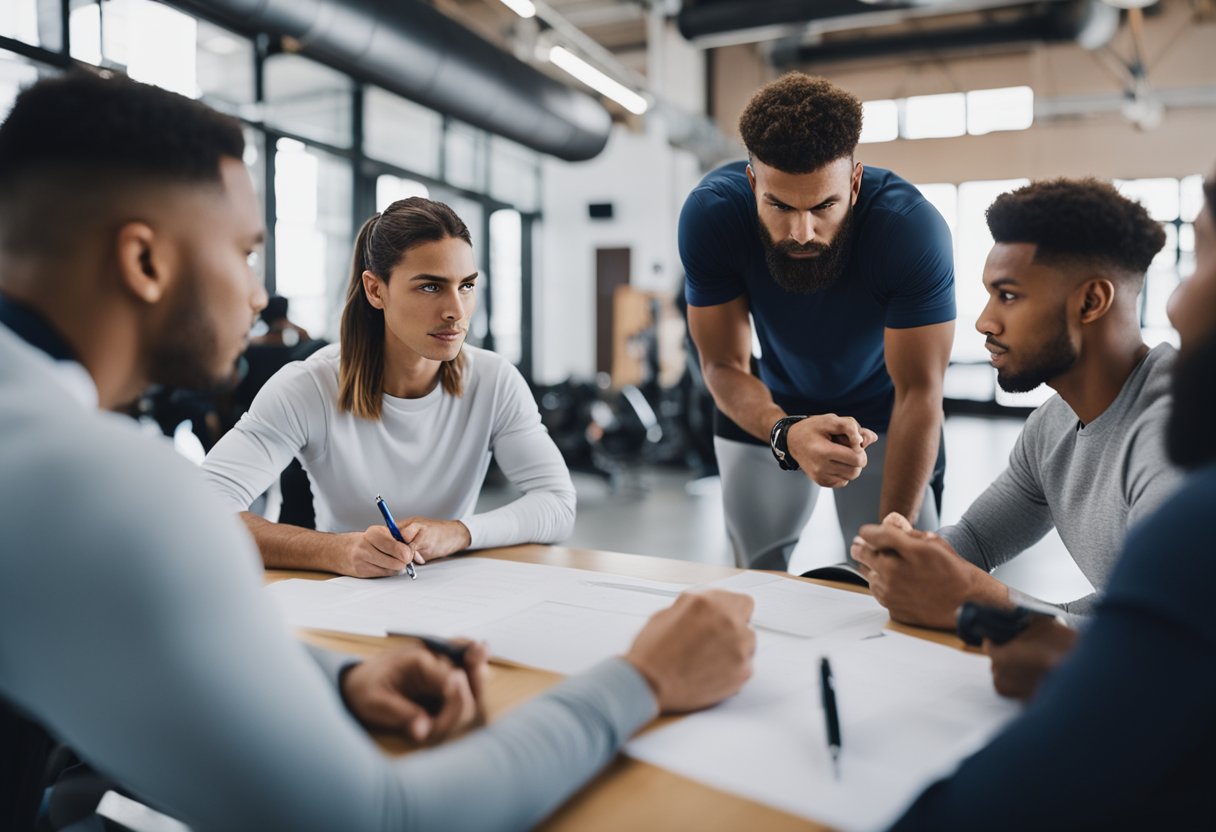 A group of athletes brainstorming and writing down potential team names on a whiteboard in a gym or meeting room