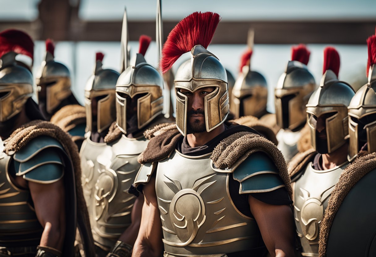 A group of Spartan warriors stand in formation, each wearing their team's name proudly on their armor. The names reflect their cultural significance and instill a sense of unity and strength among the group