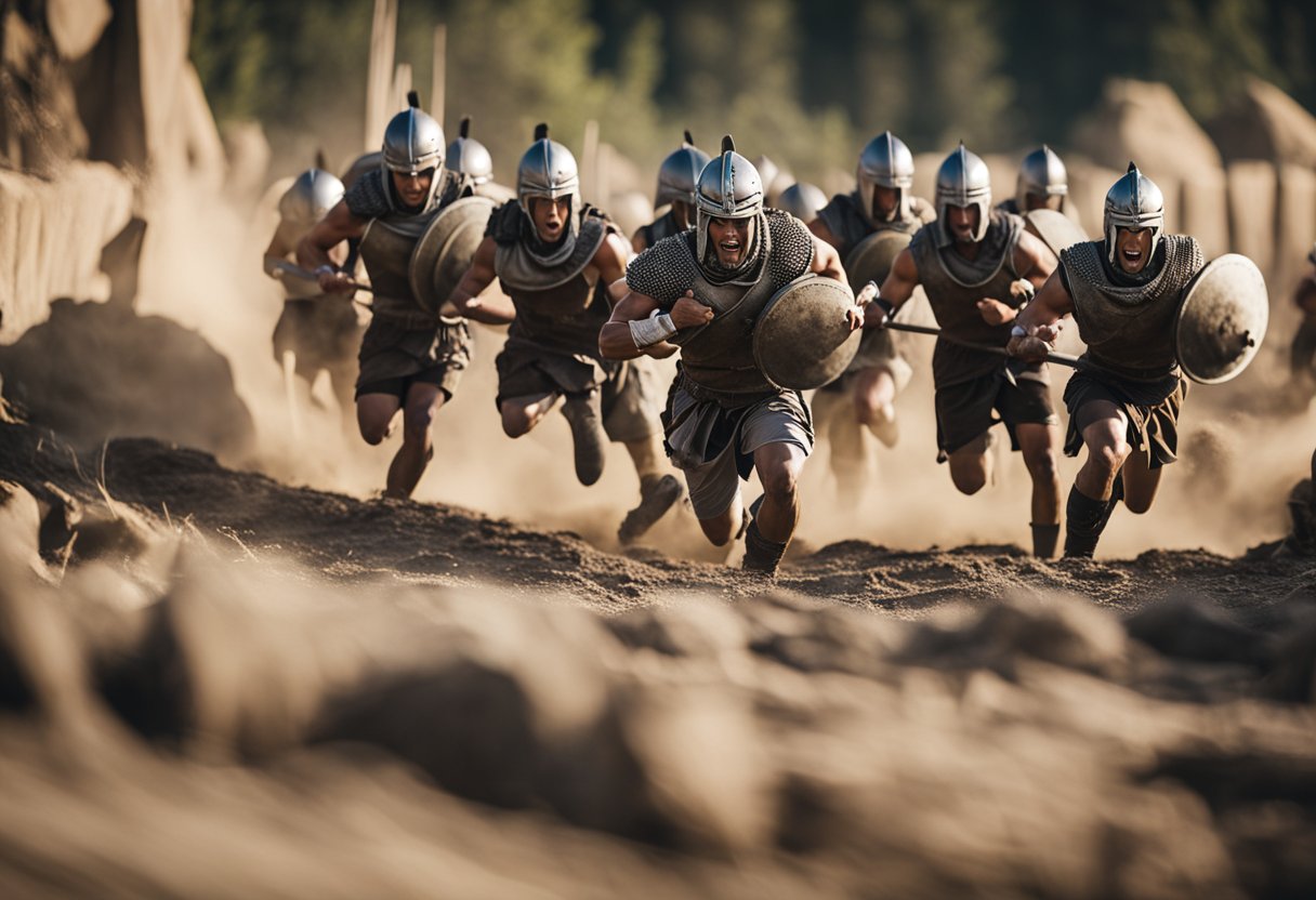 A group of Spartan warriors charging through a rugged obstacle course, displaying strength and determination