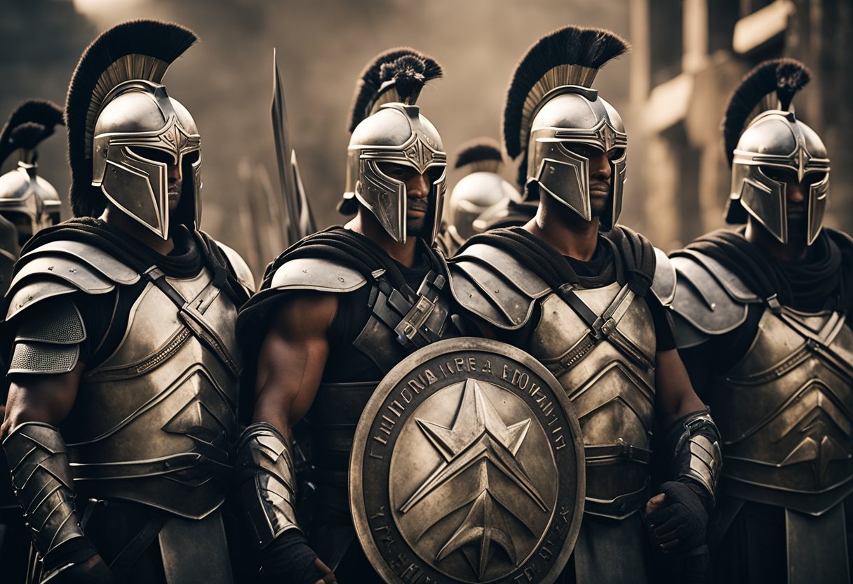A group of Spartan warriors stand together, each wearing a unique team name emblazoned on their armor. They clasp each other's shoulders, showing camaraderie