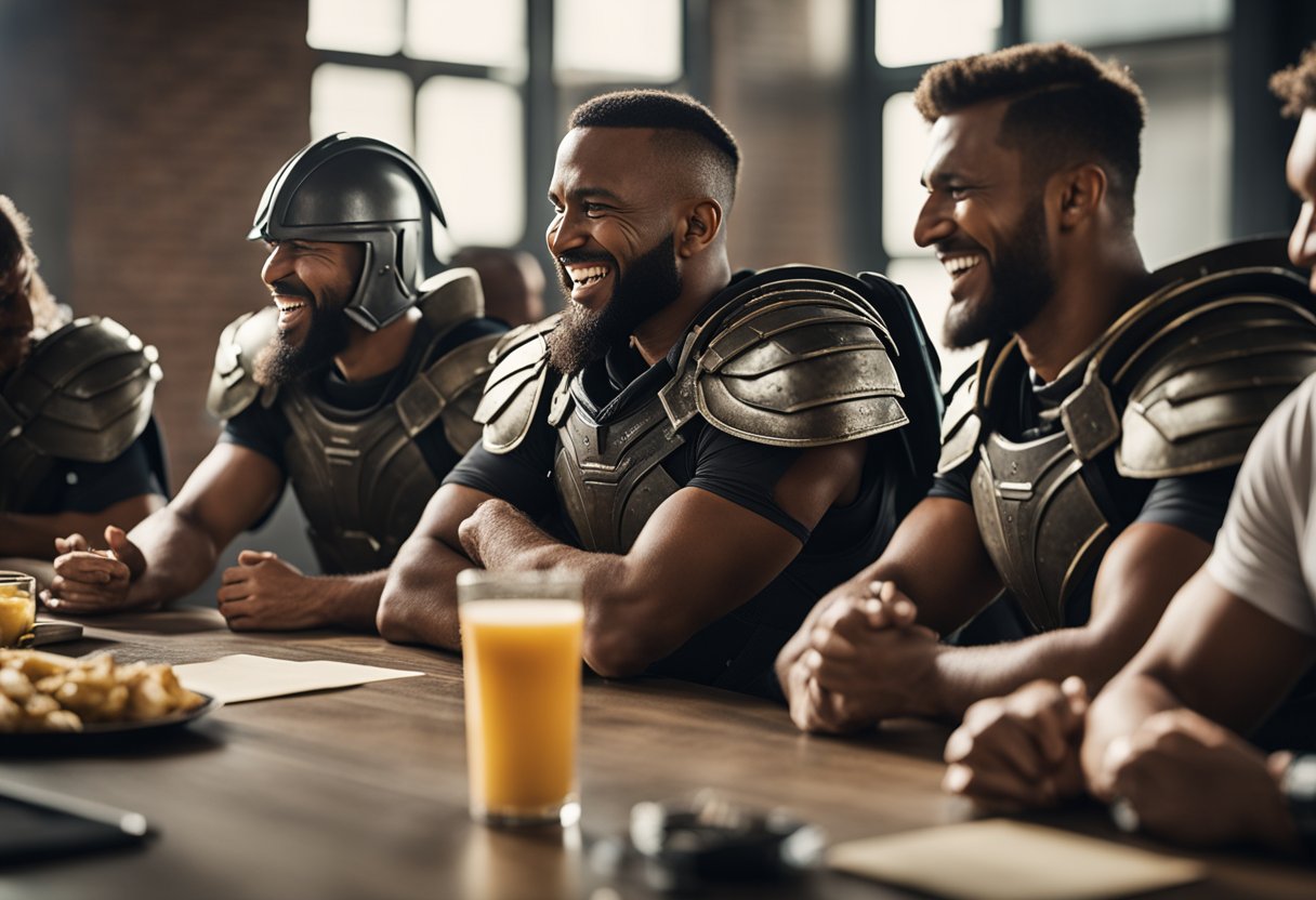 A group of Spartan warriors gather around a table, laughing and brainstorming creative team names for their upcoming race
