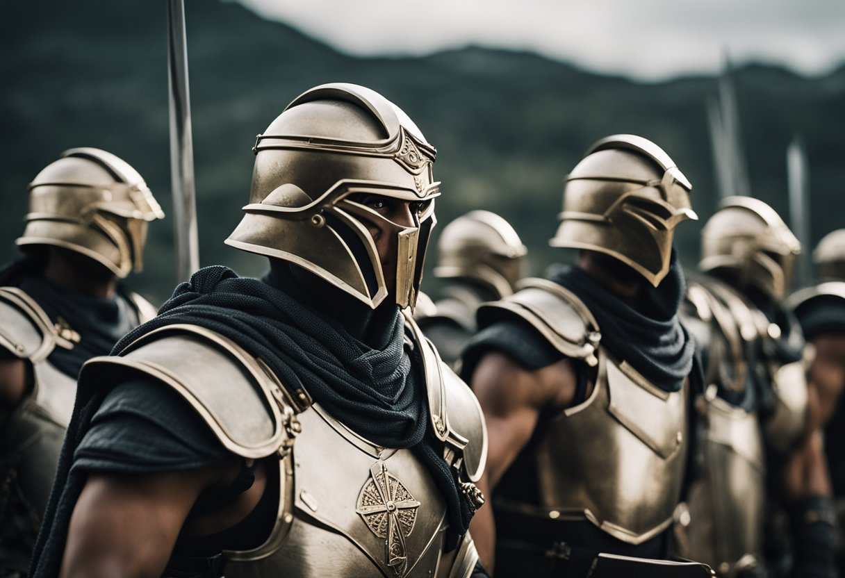 A group of fierce and determined warriors stand ready, clad in armor and wielding weapons, their eyes fixed on the horizon