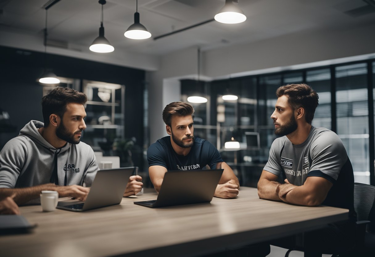 A group of athletes in Spartan gear brainstorming team names in a modern office with traditional Greek decor