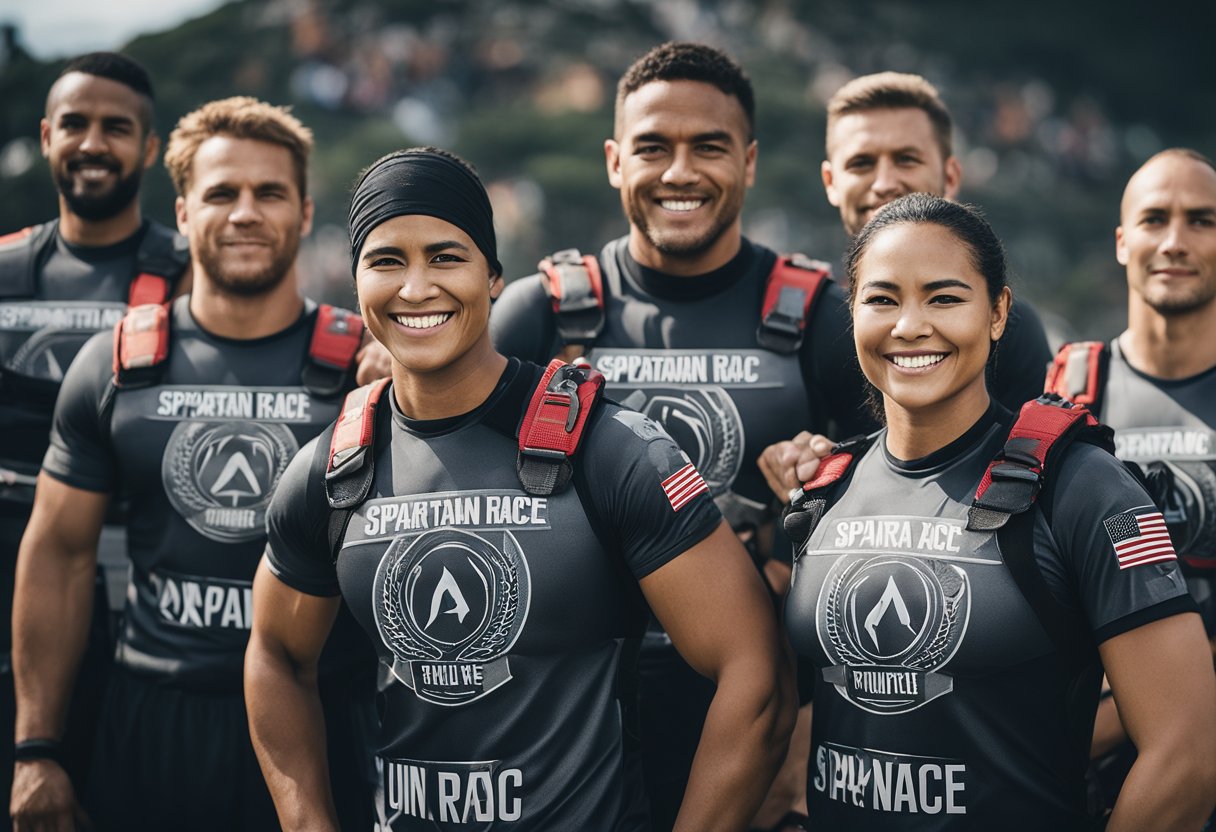A diverse group of Spartan Race team members stand together, each wearing their team's unique name displayed proudly on their uniforms