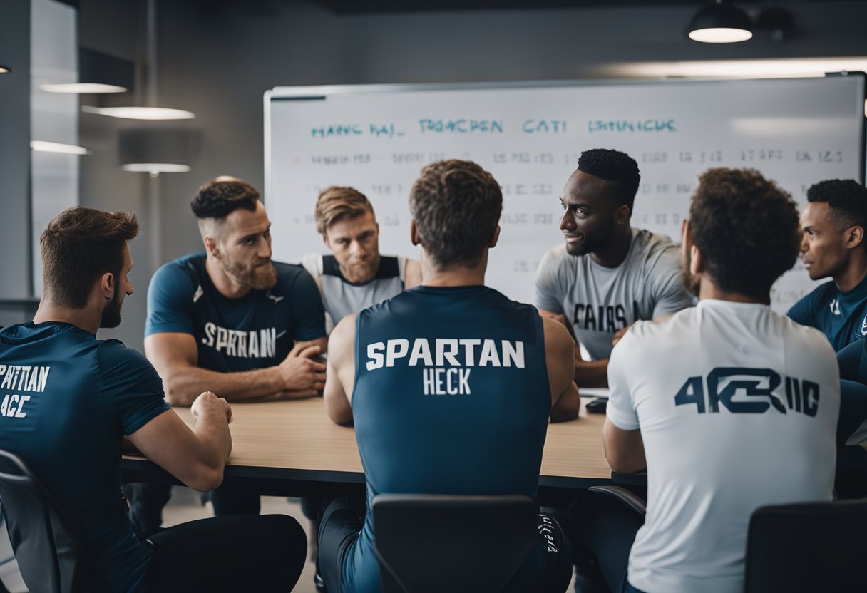 A group of athletes in Spartan race attire brainstorming team names in a meeting room with a whiteboard and markers