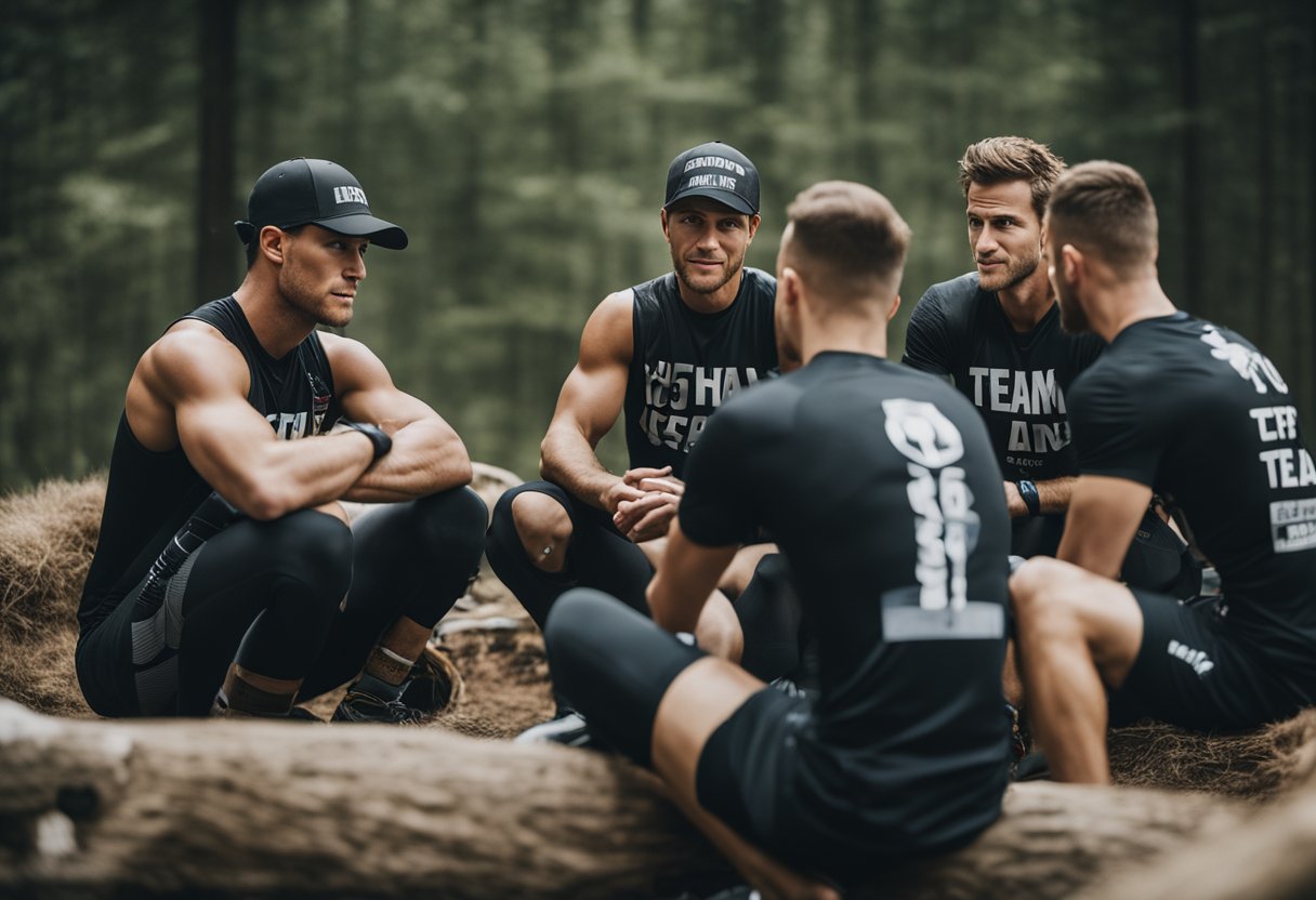 A group of athletes brainstorming and discussing team names for their upcoming Spartan Race, surrounded by race gear and motivational posters