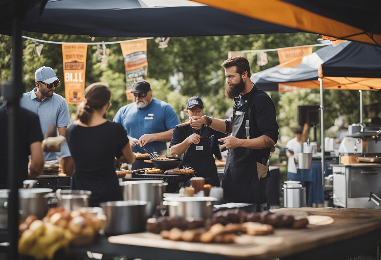 A group of BBQ teams gather around colorful banners and signs, preparing their grills and equipment for a competition