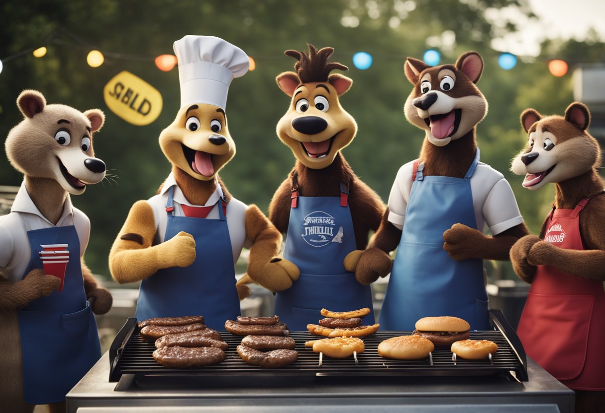 A group of anthropomorphic animals gather around a BBQ grill, wearing aprons with humorous team names like "Grill Thrillers" and "Sizzle Squad." Smoke billows from the grill as they laugh and joke together