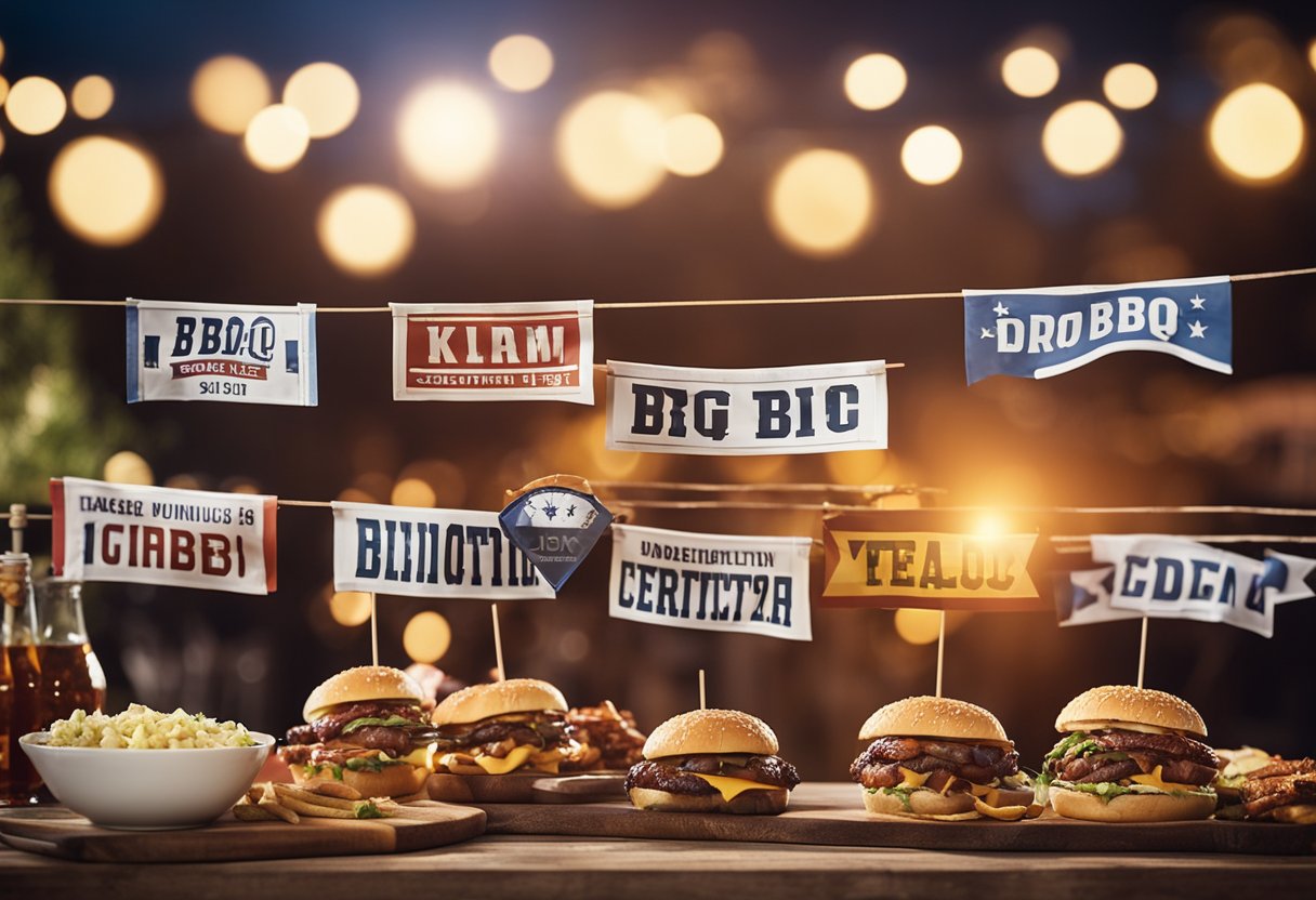 A group of BBQ teams gather, each with a unique theme of expertise. Banners and flags display their creative team names, adding a festive atmosphere to the event