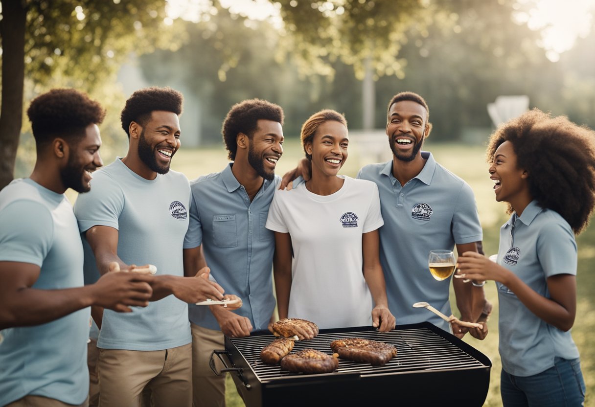 A group of animals gather around a barbecue grill, laughing and enjoying each other's company. They wear matching team shirts with playful names