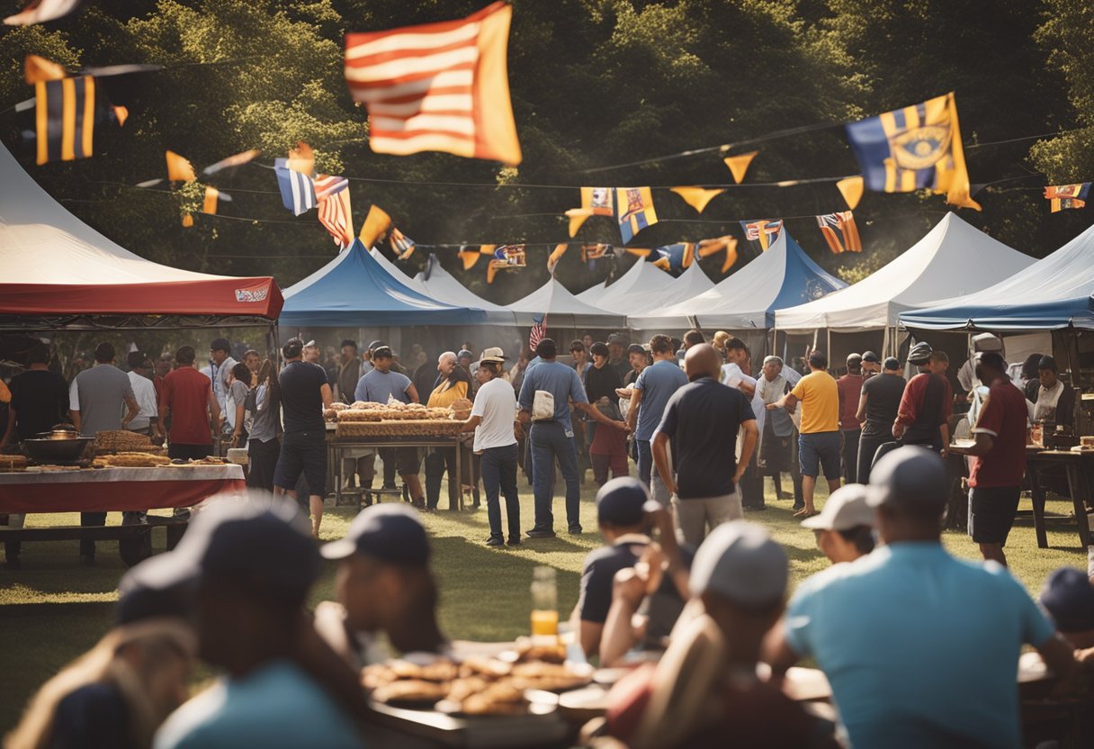 A group of barbecue teams gather, each with a unique cultural or symbolic reference in their name. Banners and flags display their chosen themes